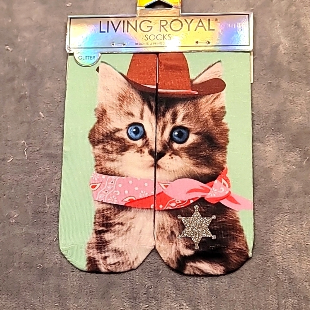 0372. New! Cowboy 🤠 Kitten 😸 Glitter Star 🌟 Made in the USA ~ Ankle Socks